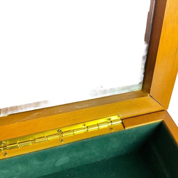 Blonde Wood Jewelry Box Burl Veneer Lid 2 Tiers Velvet Lining Mirror 1980s - Picture 6 of 10